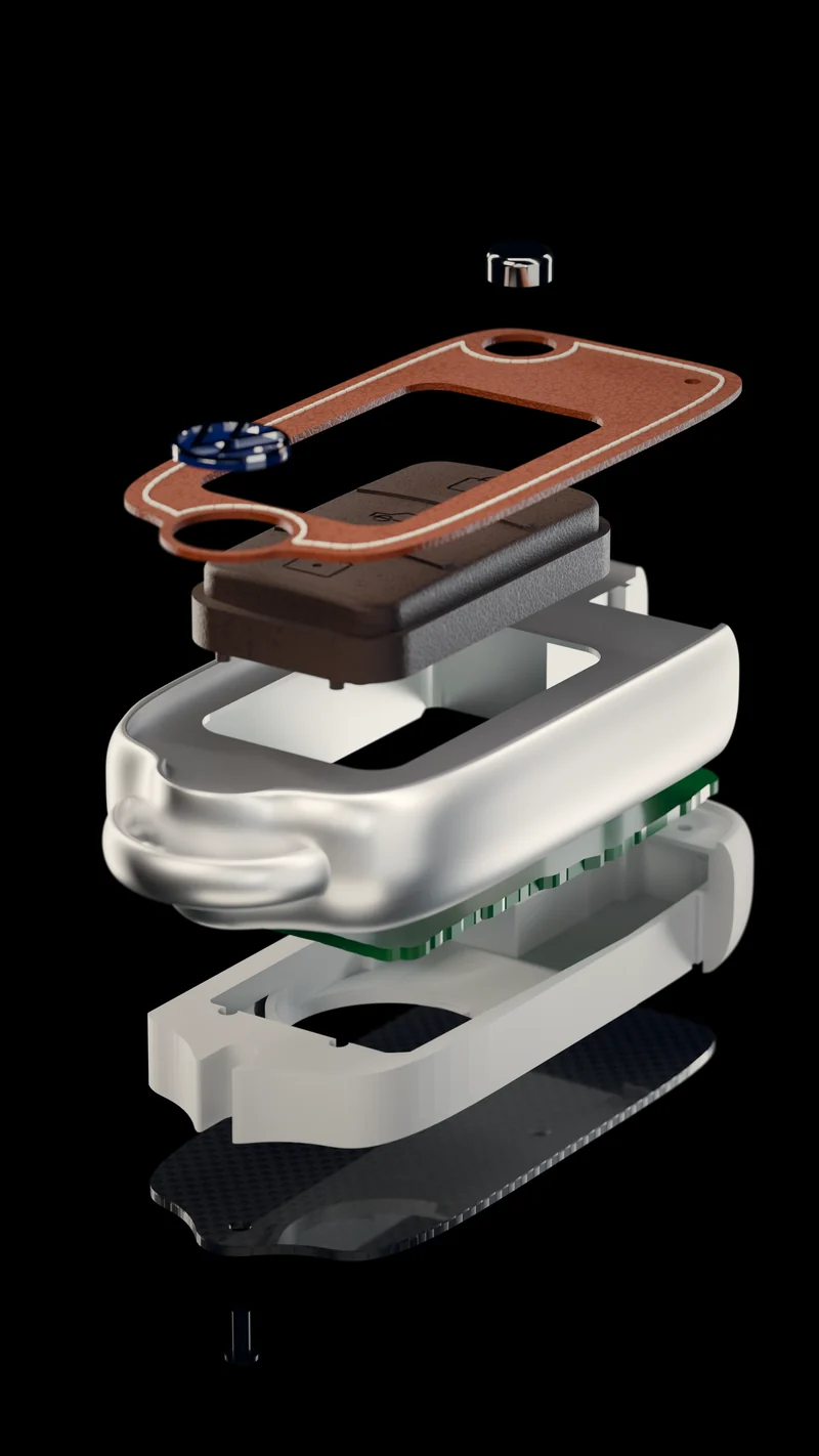 Exploded view of the key: leather top, button pad, aluminium frame, circuit board and back